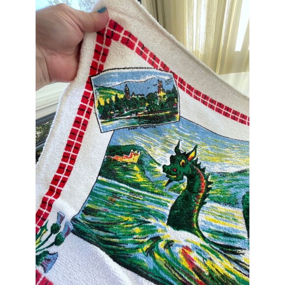 Vintage 70s Loch Ness Monster terry cloth towel, kitschy Nessie dish towel - Picture 5 of 9